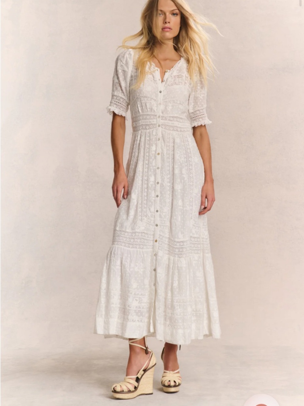 LoveShackFancy White Lace Button-Down Maxi Dress